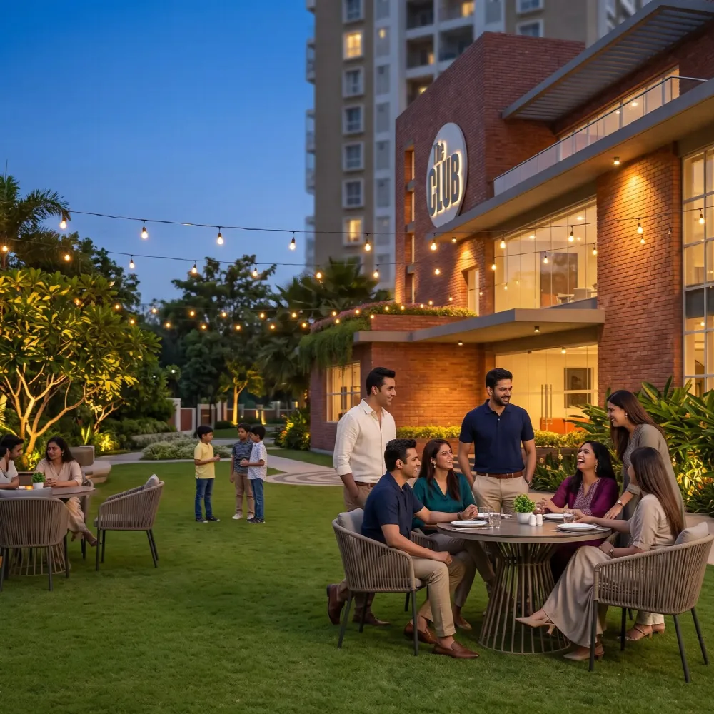 Residents gathering at an outdoor clubhouse lawn under string lights at dusk
