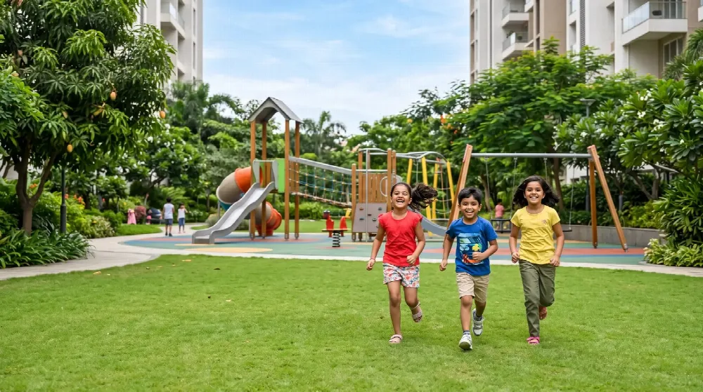 Children running and playing on a lawn beside a colourful playground