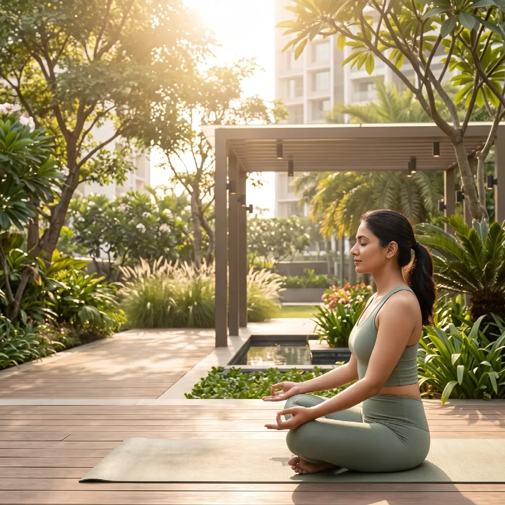 A woman meditating on a wooden yoga deck in a garden at sunrise